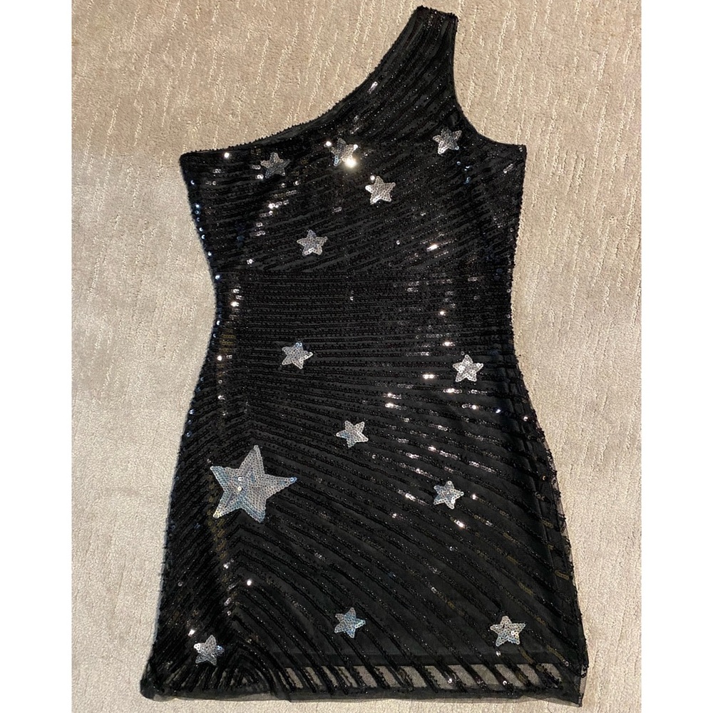 NWT One Shoulder Black Sequins Dress with Stars